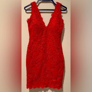 Aqua Red Strapless Lace Sheath Dress